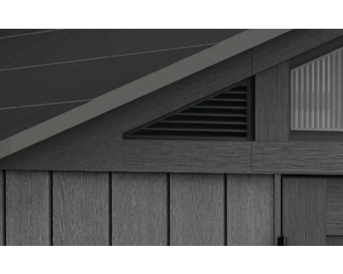 Detailweergave van een tuinhuis met ventilatierooster