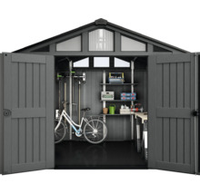 Open tuinhuis met fietsen en gereedschap