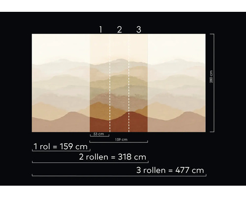 Afbeelding van een behang met bergmotief en maatgegevens.