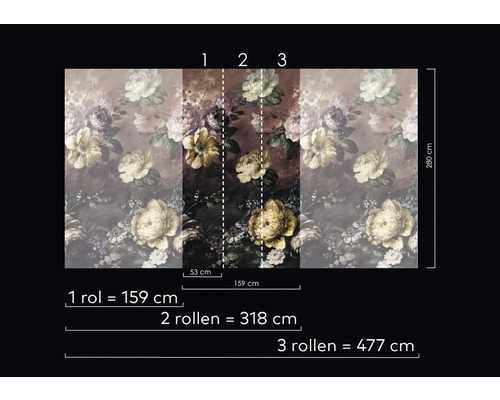 Fotobehang met bloemmotief en maataanduidingen.