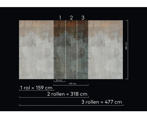 Behangpatroon met informatie over rolbreedte en -lengte