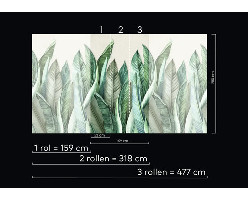 Fotobehang met bladerpatroon en maataanduidingen