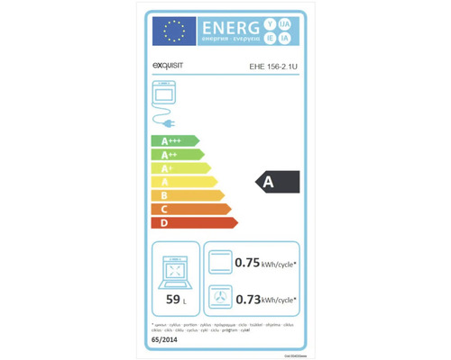 Energielabel voor Exquisit EHE 156-2.1U oven met energie-efficiëntieklasse A, 59 liter inhoud en energieverbruik van 0.75 kWh per cyclus in de conventionele modus