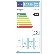 Exquisit energielabel met energie-efficiëntieklasse A+, een jaarlijks energieverbruik van 15 kWh en een geluidsniveau van 62 decibel.