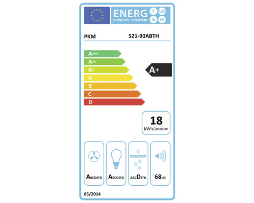 PKM S21-90ABTH energielabel met energie-efficiëntieklasse A+, jaarlijks energieverbruik van 18 kilowattuur en geluidsemissie van 68 decibel