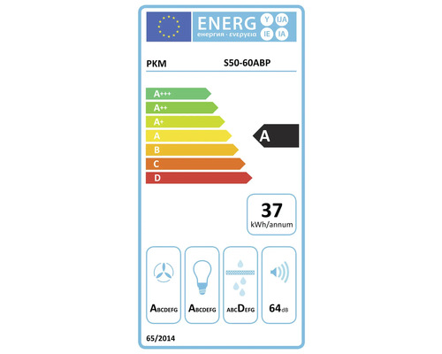 Energielabel PKM S50-60ABP, energie-efficiëntieklasse A, stroomverbruik 37 kWh per jaar, geluidsemissie 64 decibel