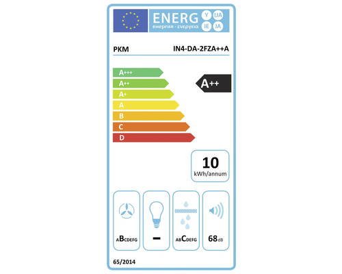 PKM energielabel A++ met een jaarlijks energieverbruik van 10 kWh en een geluidsniveau van 68 decibel