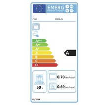 Energielabel voor een PKM oven met energie-efficiëntieklasse A en een energieverbruik van 0,70 kilowattuur per cyclus in de conventionele modus en 0,69 kilowattuur per cyclus in de heteluchtmodus, met een volume van 50 liter.