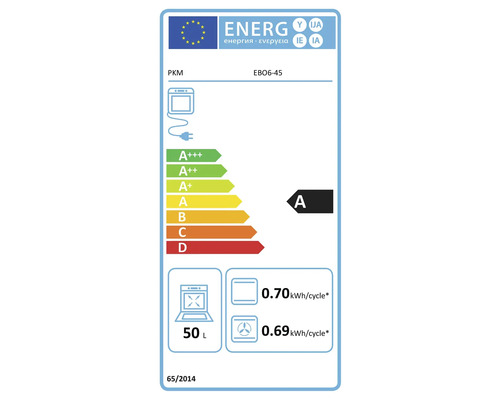 Energielabel voor een PKM oven met energie-efficiëntieklasse A en een energieverbruik van 0,70 kilowattuur per cyclus in de conventionele modus en 0,69 kilowattuur per cyclus in de heteluchtmodus, met een volume van 50 liter.