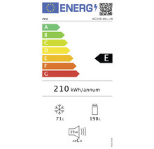 Energielabel met energie-efficiëntieklasse E, energieverbruik 210 kWh per jaar, vriesvak 71 liter, koelvak 198 liter en geluidsemissie 39 decibel