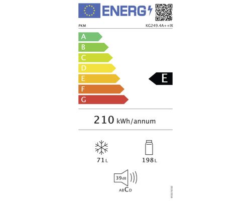 Energielabel met energie-efficiëntieklasse E, energieverbruik 210 kWh per jaar, vriesvak 71 liter, koelvak 198 liter en geluidsemissie 39 decibel