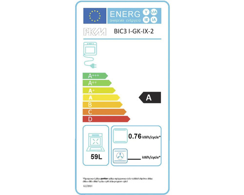 Energielabel voor PKM BIC3 I-GK-IX-2 oven met energie-efficiëntieklasse A, 59 liter inhoud en een energieverbruik van 0,76 kWh per cyclus
