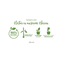 Symbolen voor honderd procent gerecycled en recyclebaar, vervaardigd met windenergie, duurzame kwaliteit en vervaardigd in Nederland