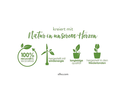 Symbolen voor honderd procent gerecycled en recyclebaar, vervaardigd met windenergie, duurzame kwaliteit en vervaardigd in Nederland