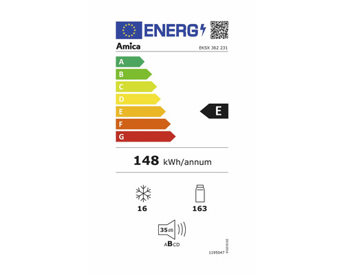 Amica energielabel met energie-efficiëntieklasse E, jaarlijks energieverbruik van 148 kilowattuur per jaar, vriesvakvolume van 16 liter, koelvakvolume van 163 liter en een geluidsniveau van 35 decibel