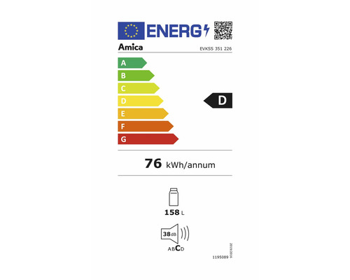 Amica energielabel met energie-efficiëntieklasse D, een jaarlijks energieverbruik van 76 kilowattuur, een inhoud van 158 liter en een geluidsniveau van 38 decibel.