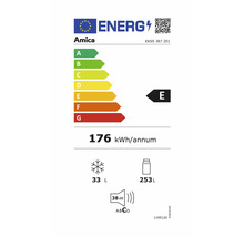 Amica energielabel met energie-efficiëntieklasse E, een jaarlijks energieverbruik van 176 kilowattuur, een vriesvolume van 33 liter en een koelvolume van 253 liter.