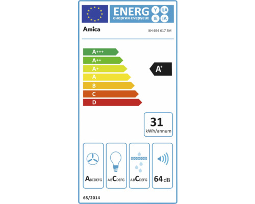 Amica energielabel met energie-efficiëntieklasse A+, een jaarlijks energieverbruik van 31 kilowattuur en een geluidsniveau van 64 decibel