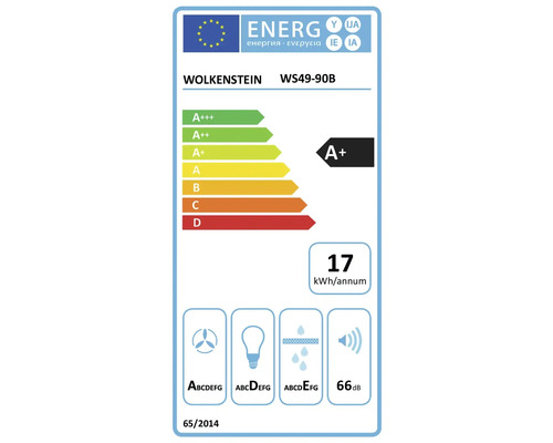 Wolkenstein WS49-90B energielabel met energie-efficiëntieklasse A+, jaarlijks energieverbruik van 17 kWh en geluidsemissie van 66 decibel