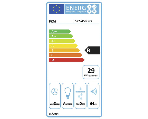 PKM energielabel S22-45BBPY met energie-efficiëntieklasse B, een jaarlijks energieverbruik van 29 kilowattuur en een geluidsniveau van 64 decibel.