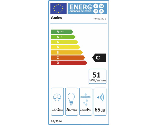Amica energie-efficiëntielabel FH 662 100 E met energie-efficiëntieklasse C, jaarlijks energieverbruik 51 kilowattuur, geluidsemissie 65 decibel