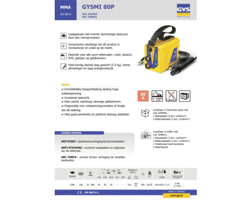 GYS Logo. Lasapparaat GYSMI 80P met invertertechnologie en accessoires.