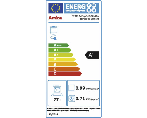 Amica energie-efficiëntielabel met klasse A+, een energieverbruik van 0.99 kilowattuur per cyclus en een volume van 77 liter.