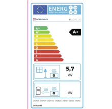 Energielabel voor verwarmingstoestel met energie-efficiëntieklasse A+ en een stroomverbruik van 5,7 kilowatt