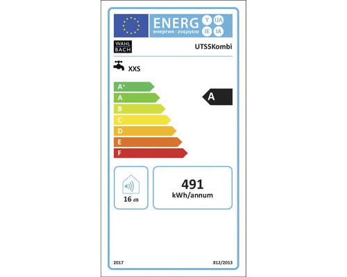 Energielabel voor kraan met energie-efficiëntieklasse A, 491 kWh per jaar en 16 decibel