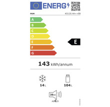 PKM energielabel met energie-efficiëntieklasse E, jaarlijks energieverbruik van 143 kilowattuur, 14 liter vriesvakvolume en 104 liter koelvakvolume en een geluidsemissie van 39 decibel.