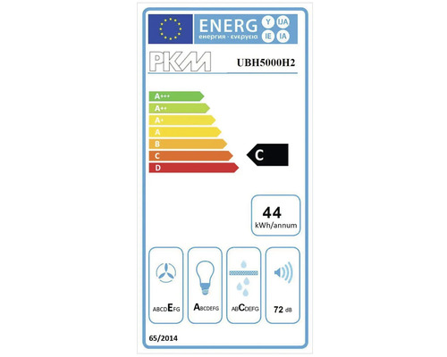 PKM UBH5000H2 energie-efficiëntieklasse C, jaarlijks energieverbruik 44 kWh, geluidsemissie 72 dB