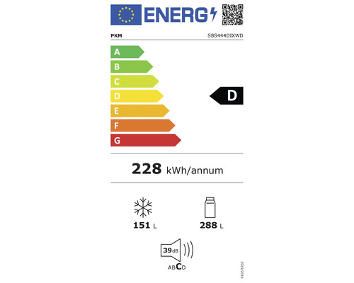 PKM energielabel SBS444DIXWD met energie-efficiëntieklasse D, 228 kilowattuur per jaar, 151 liter koelvak, 288 liter koelkast en 39 decibel geluidsniveau