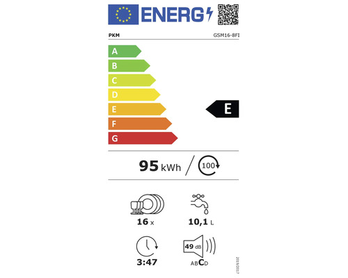 PKM energielabel met energie-efficiëntieklasse E, 95 kWh en 49 decibel