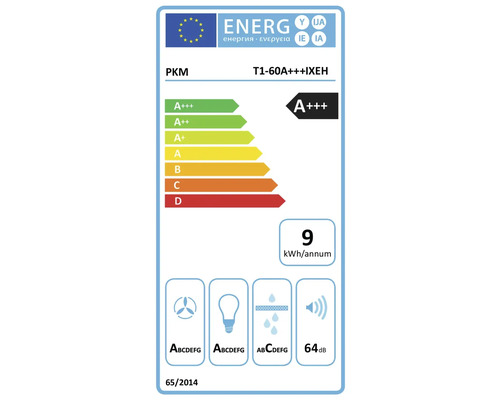 Energielabel PKM T1-60A+++IXEH met energie-efficiëntieklasse A+++, jaarlijks energieverbruik van 9 kilowattuur en geluidsemissie van 64 decibel