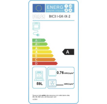 Energielabel voor PKM BIC3 I-GK-IX-2 oven met energie-efficiëntieklasse A, een stroomverbruik van 0.76 kWh per cyclus en een volume van 59 liter.