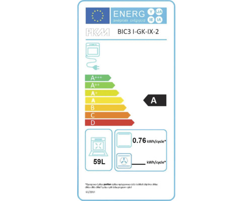 Energielabel voor PKM BIC3 I-GK-IX-2 oven met energie-efficiëntieklasse A, een stroomverbruik van 0.76 kWh per cyclus en een volume van 59 liter.