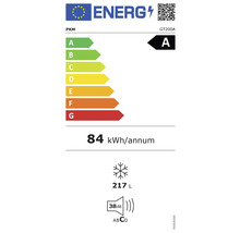 Energielabel PKM GT200A, energie-efficiëntieklasse A, stroomverbruik 84 kilowattuur per jaar, inhoud 217 liter, geluidsemissie 38 decibel, klasse D
