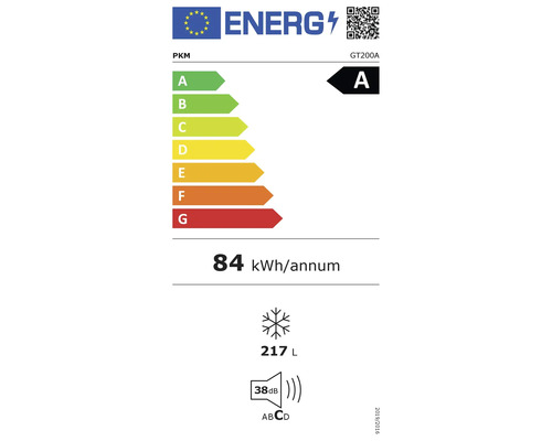 Energielabel PKM GT200A, energie-efficiëntieklasse A, stroomverbruik 84 kilowattuur per jaar, inhoud 217 liter, geluidsemissie 38 decibel, klasse D