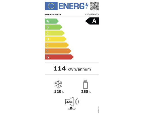 Energielabel Wolkenstein met energie-efficiëntieklasse A, stroomverbruik 114 kilowattuur per jaar, vriesvak 120 liter, koelvak 285 liter en volume 33 decibel
