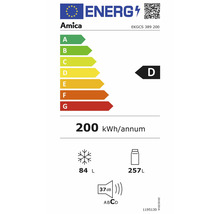 Amica energielabel EKGCS 389 200 met energie-efficiëntieklasse D, een jaarlijks energieverbruik van 200 kilowattuur, een vriesvolume van 84 liter en een koelvolume van 257 liter en een geluidsemissie van 37 decibel.