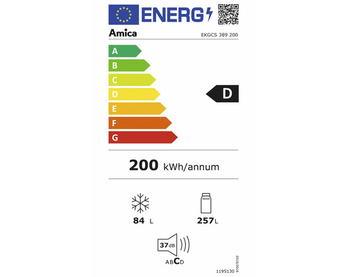 Amica energielabel EKGCS 389 200 met energie-efficiëntieklasse D, een jaarlijks energieverbruik van 200 kilowattuur, een vriesvolume van 84 liter en een koelvolume van 257 liter en een geluidsemissie van 37 decibel.