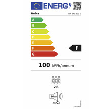 Amica energielabel met energie-efficiëntieklasse F, een jaarlijks energieverbruik van 100 kilowattuur, een capaciteit van 26 flessen en een geluidsniveau van 36 decibel