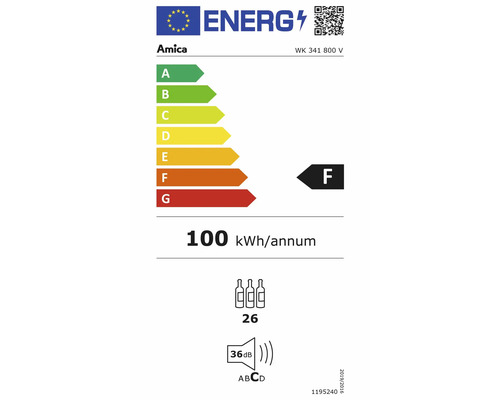 Amica energielabel met energie-efficiëntieklasse F, een jaarlijks energieverbruik van 100 kilowattuur, een capaciteit van 26 flessen en een geluidsniveau van 36 decibel