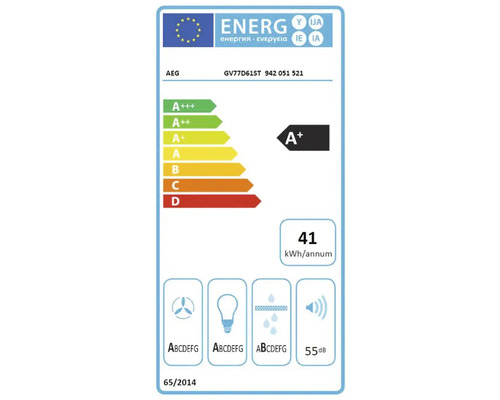 AEG energielabel met energie-efficiëntieklasse A+, een jaarlijks energieverbruik van 41 kilowattuur en een geluidsniveau van 55 decibel.