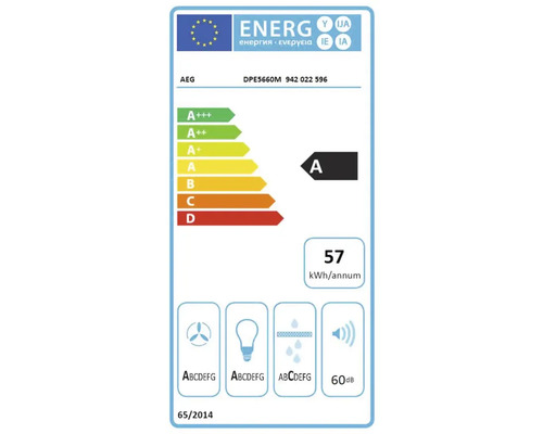 AEG energie-efficiëntielabel DPE5660M met energie-efficiëntieklasse A, een jaarlijks energieverbruik van 57 kilowattuur en een geluidsniveau van 60 decibel