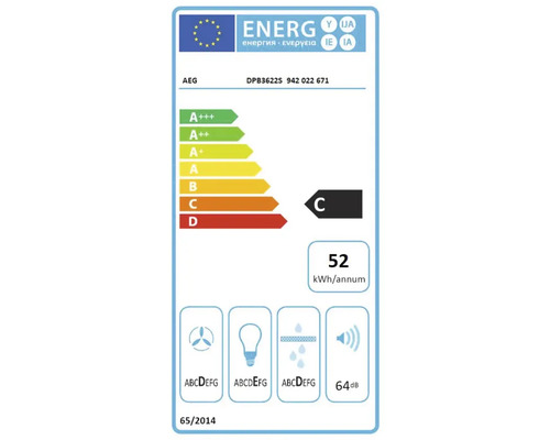 AEG afzuigkap energielabel met energie-efficiëntieklasse C, jaarlijks energieverbruik van 52 kilowattuur en geluidsemissies van 64 decibel.