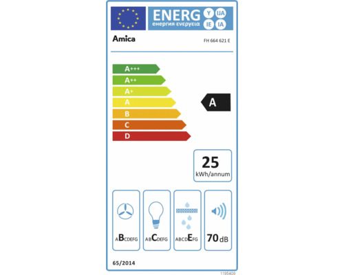 Amica energielabel A, 25 kilowattuur per jaar, 70 decibel