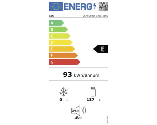 AEG energielabel met energie-efficiëntieklasse E, jaarlijks energieverbruik van 93 kilowattuur, vriesvakvolume van 0 liter, koelvakvolume van 137 liter en een geluidsniveau van 34 decibel
