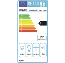 Energielabel voor Exquisit UBH 08-2.2 Inox Look afzuigkap met energie-efficiëntieklasse B, een jaarlijks energieverbruik van 27 kilowattuur en een geluidsniveau van 65 decibel