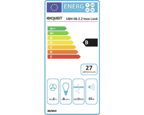 Energielabel voor Exquisit UBH 08-2.2 Inox Look afzuigkap met energie-efficiëntieklasse B, een jaarlijks energieverbruik van 27 kilowattuur en een geluidsniveau van 65 decibel